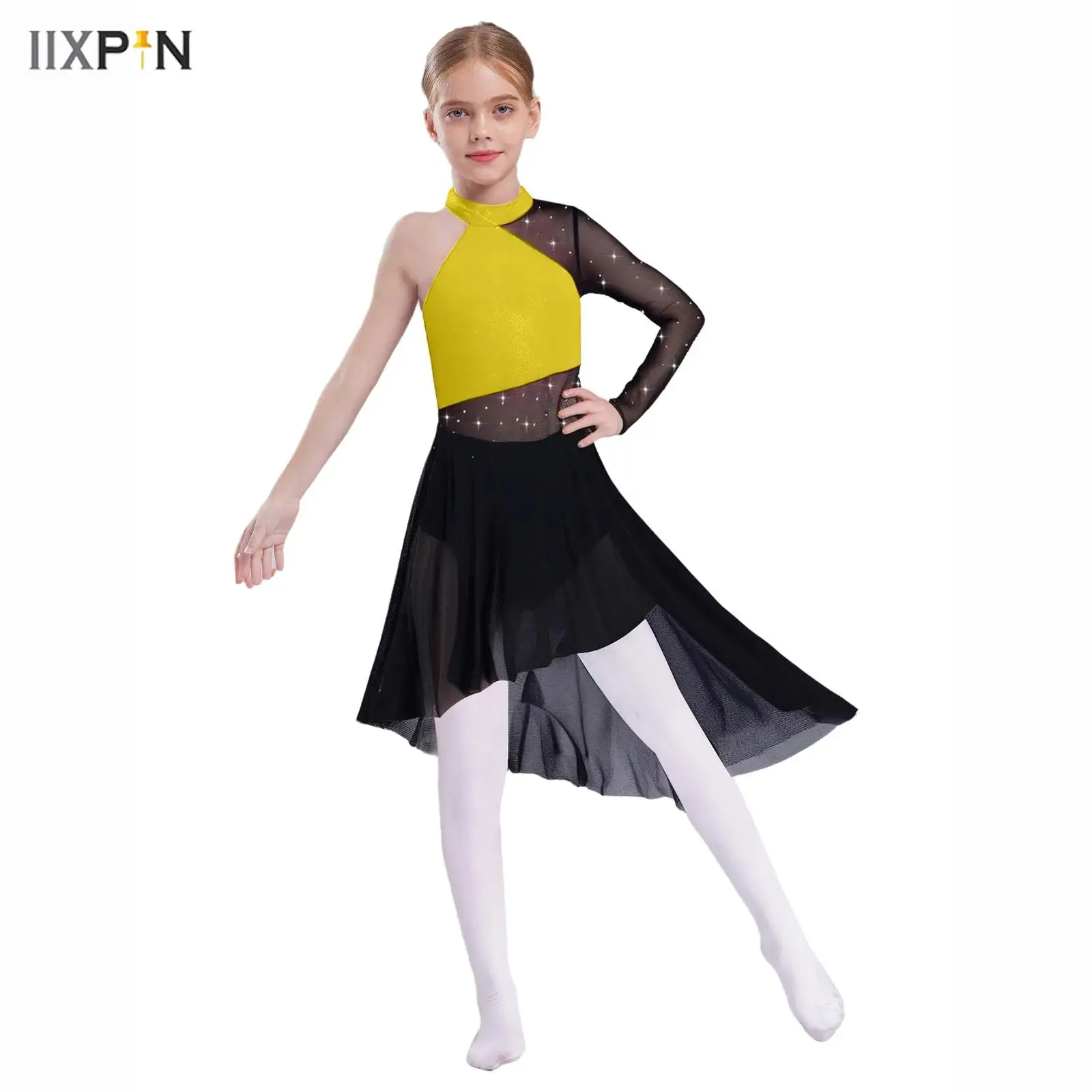 

Kids Girls Lyrical Modern Dance Costume One Shoulder Asymmetric Shiny Rhinestone Ballet Leotard Gymnastics Figure Skating Dress