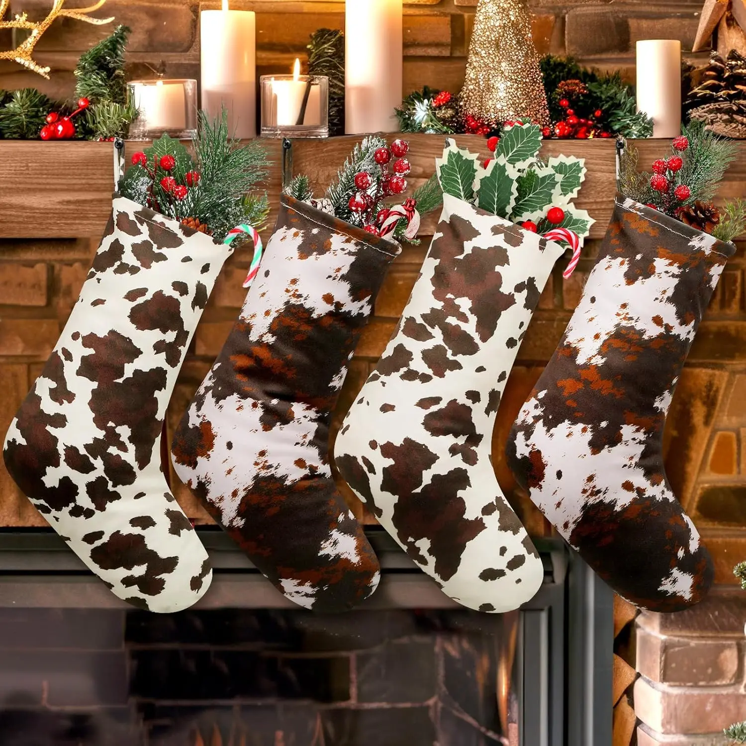 

4 Pcs 13.4' Christmas Cow Print Stockings Faux Fur Holiday Decor