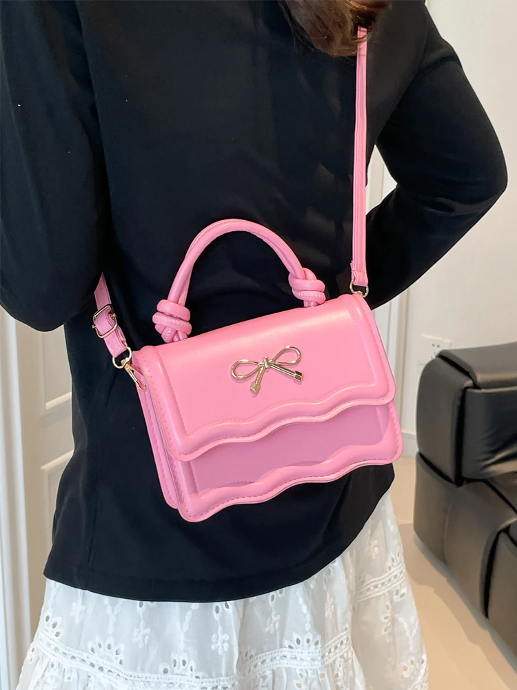 

Korean Style Fashion Bow Single Shoulder Crossbody Bags Women Exquisite Simple PU Leather Small Square Bag Female Handbags