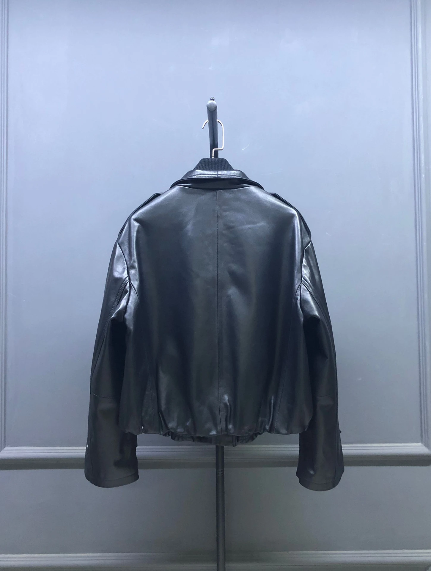 Giacca in Vera Pelle di Pecora alla Moda, Monocolore, con Collo Alto e Maniche Lunghe, Stile Motociclista