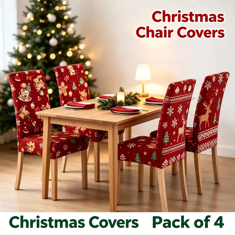 4Pcs Christmas Print High Back Stretch Chair Cover Cute Xmas Pattern Dining Chair Slipcover For Banquet Home Party Decoration