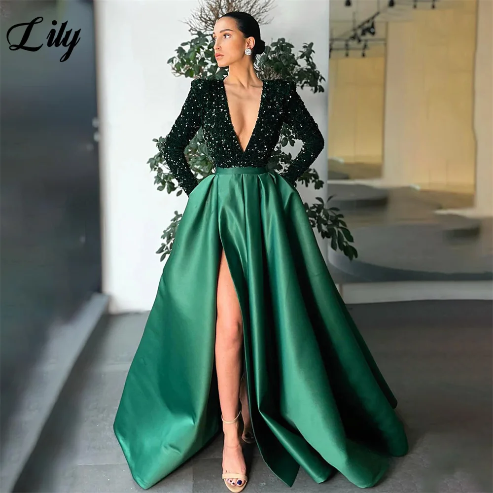 

Lily Glitter Deep V Neck Party Dresses For Wedding Full Sleeves A Line Green Prom Dresses Side Split Stain فساتين مناسبة رسمية