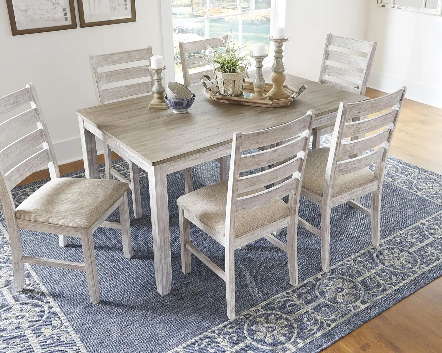 Ashley Skempton Cottage Dining Room Table Set with 6 Upholstered Chairs, Whitewash, 36