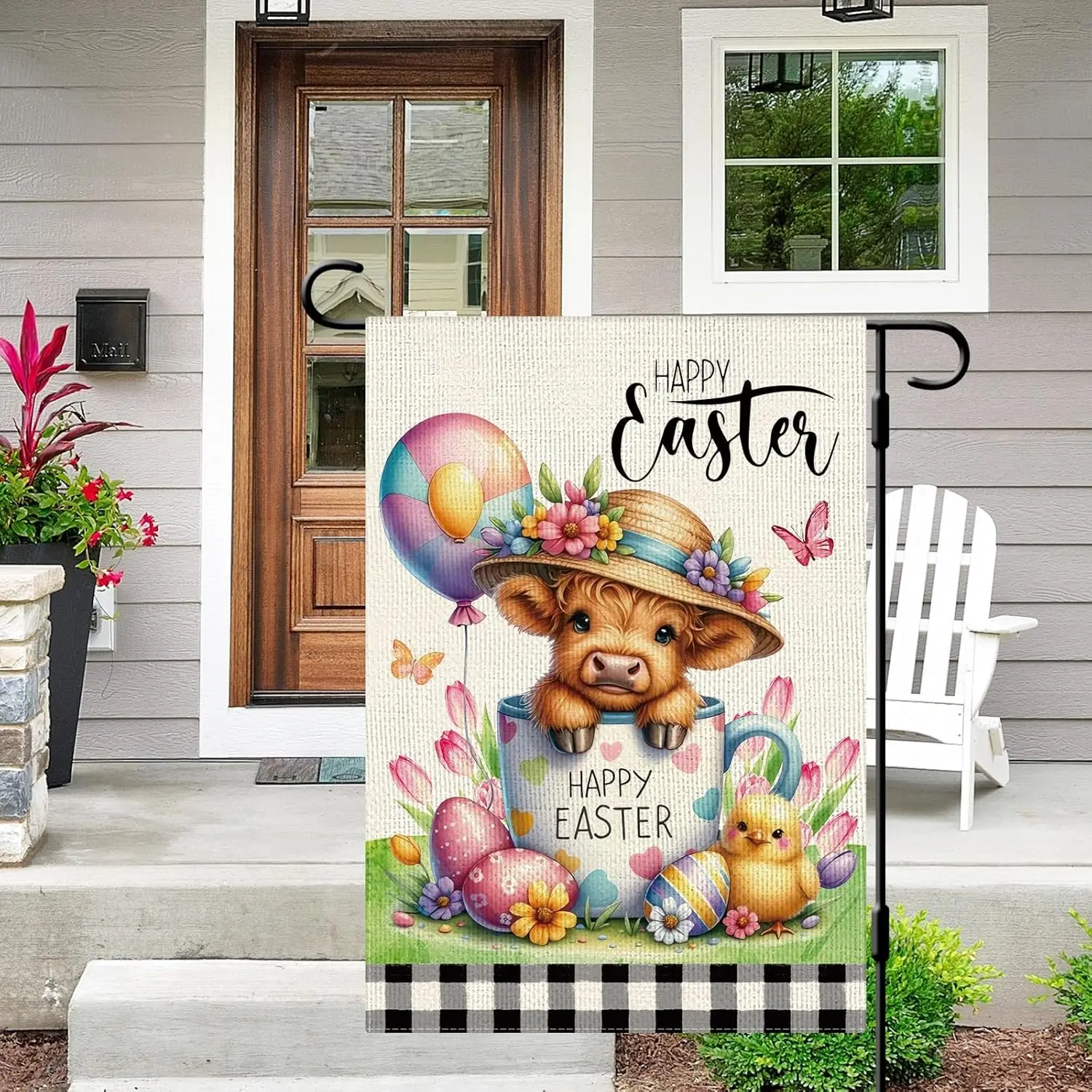 DLZDN Easter Highland Cow Garden Flag 12×18 Inch Double Side Vertical Burlap Farmhouse Yard Sign Spring Holiday Outdoor Deco zzo