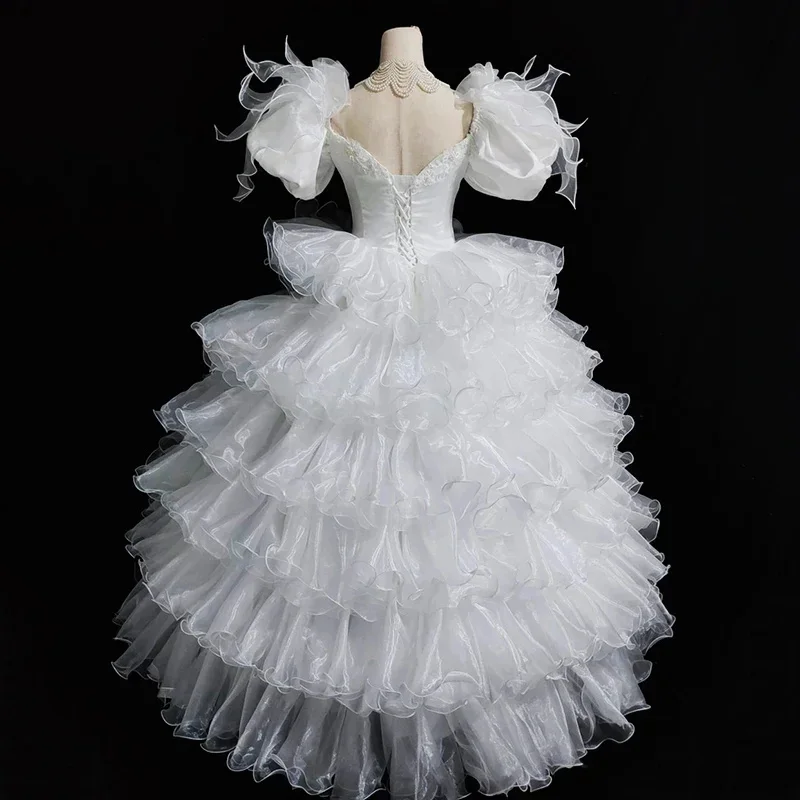 AnXin SH vintage princess white lace ruffles sweetheart puff short sleeve bow ball gown lace up customized wedding dress