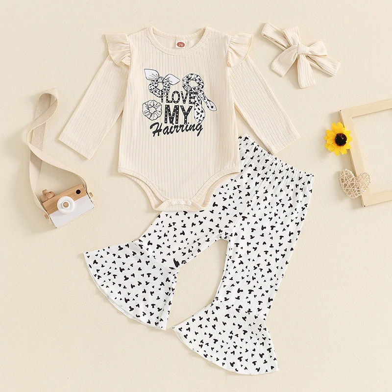 Baby Girls 3Pcs Fall Outfits Long Sleeve Hair Scrunchies Print Romper + Pants + Headband Set Infant Clothes