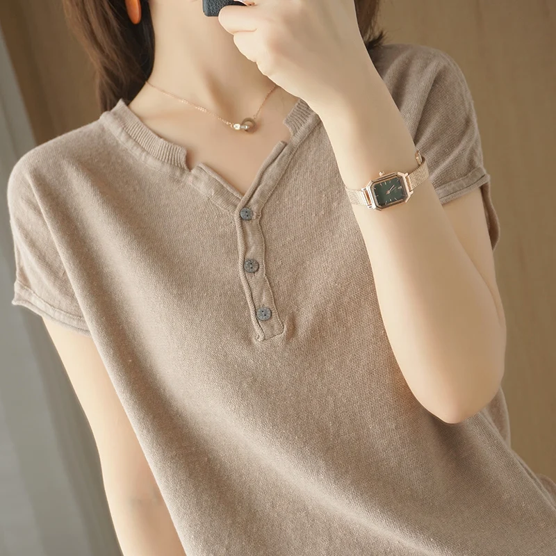 Ladies Pure Cotton Short Sleeves Button Front V Neck Linen Cotton Loose Fit Casual Basic Tee Summer Solid Color Top 2025 T-shirt