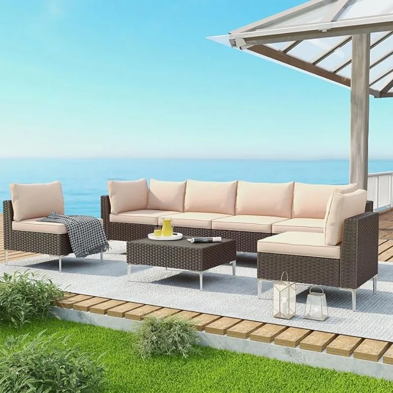 Outdoor Patio Furniture Set, Pieces Outdoor Sectional Sofa PE Rattan Wicker  Conversation Wood Composites Table