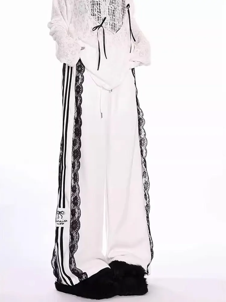 

Subculture Outfit Y2K American Style White Lace Sweatpants for Women Autumn High Waist Slimming Pants Streetwear Women