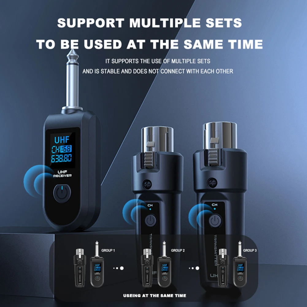 ไมโครโฟนไร้สายตัวแปลง XLR เครื่องส่งสัญญาณและตัวรับสัญญาณอะแดปเตอร์สำหรับเครื่องผสมสัญญาณเสียงไมโครโฟนแบบไดนามิกกีตาร์ไฟฟ้าเบส