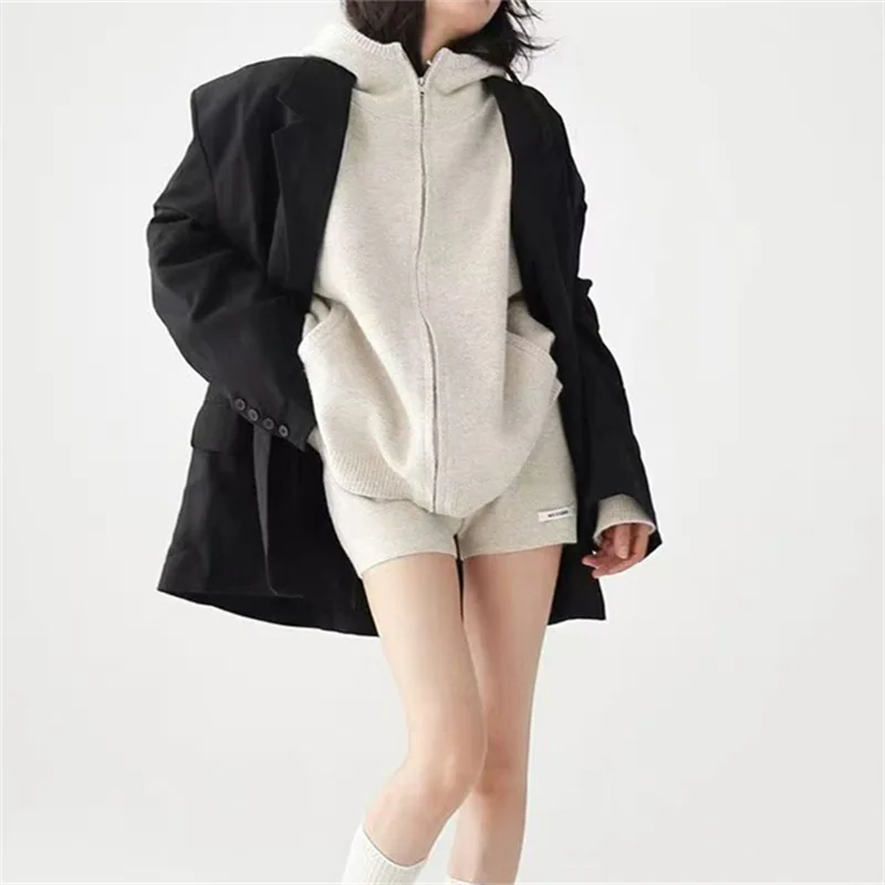 طقم نسائي رمادي للربيع والخريف بسيط للاسترخاء سترة صوفية محبوكة بقلنسوة + شورت طقم مكون من قطعتين #4