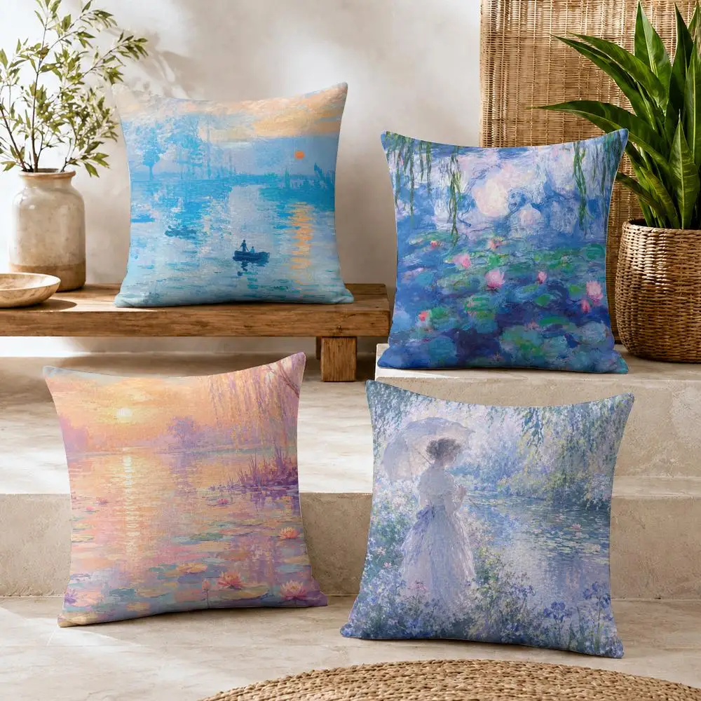 Monet Water Lilies Oil Painting Cushion Cover Short Plush Soft Double-Sided Printing Pillow Case Cozy Sofa Bedroom Home Decor