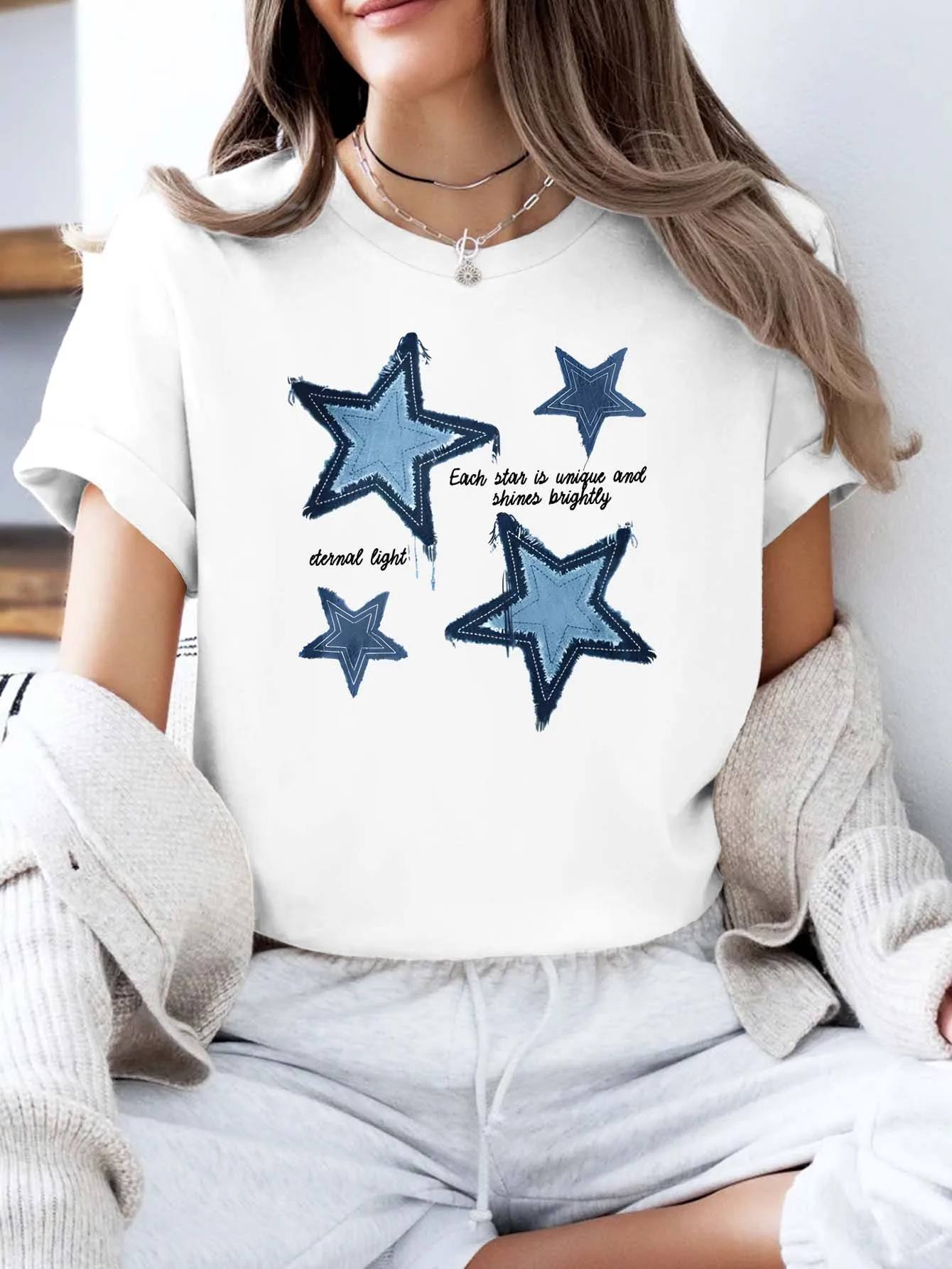 

Plus - Size Denim - style Star & Inspirational Text Graphic Tee, Six Colour Short - Sleeve