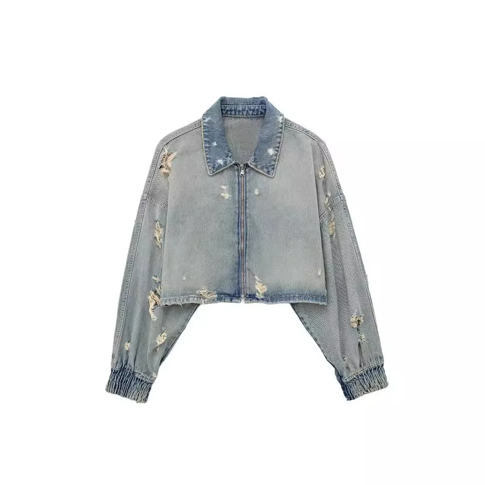 

Distressed Cropped Denim Jacket | Oversized Ripped Jean Jacket with Vintage Wash, Relaxed Fit Coat