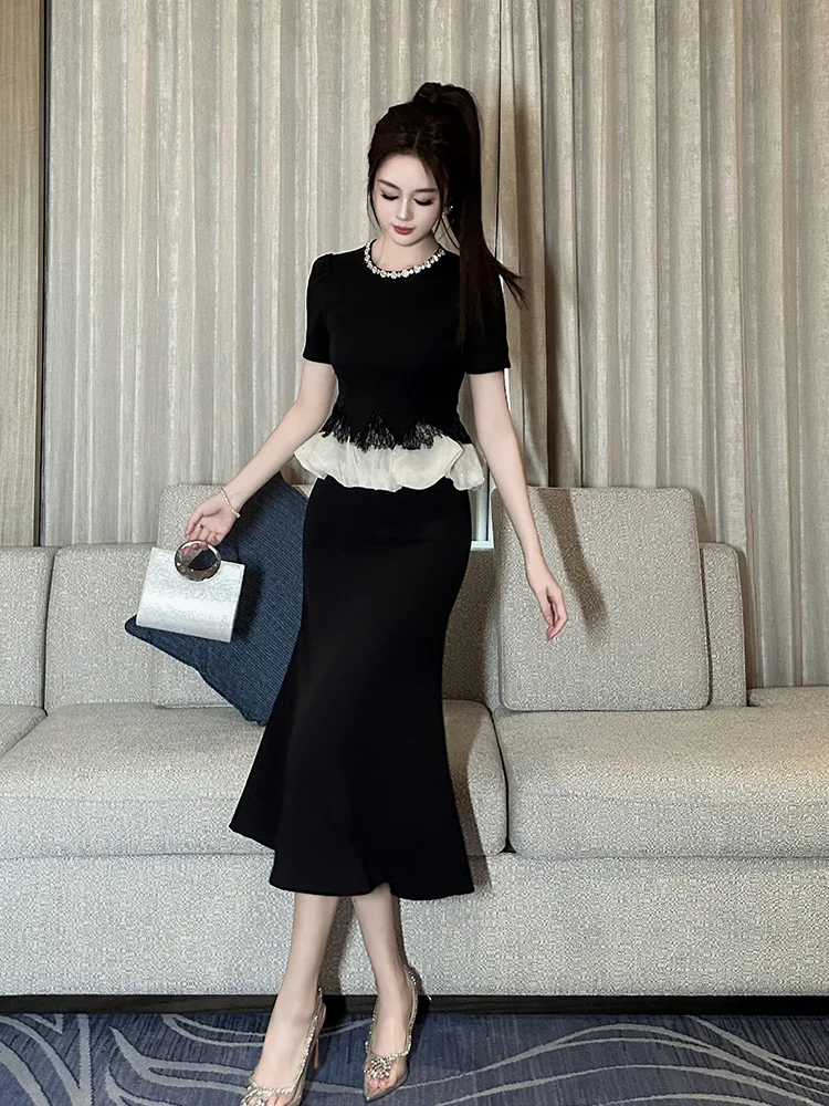 A-Leibniz damska sukienka czarna sztuczna dwuczęściowa sukienka formalna wieczorowa suknia wieczorowa ślubna sukienka na ceremonię ukończenia szkoły 45102