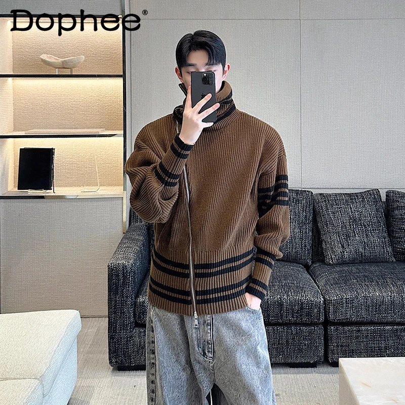 

2025 Autumn Winter New Contrast Color Knitwears Striped Diagonal Zipper High Collar Sweaters Men's Fashion Stylish Knitted Tops