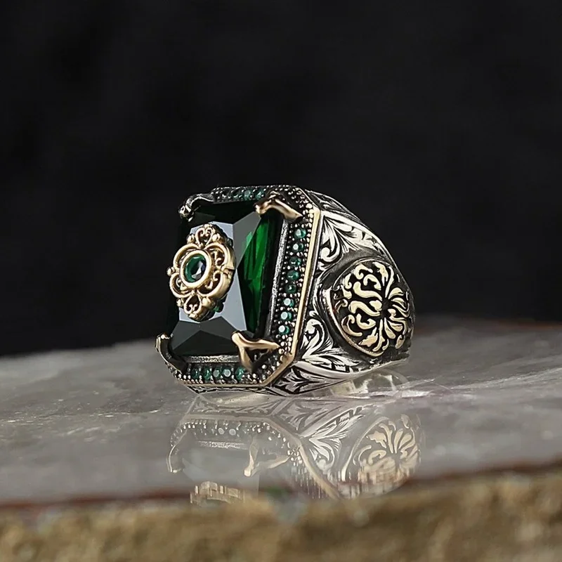 Vintage Hand Engraved Pattern Turkish Signet Ring for Men Fashion Set Green Stone Seal Islamic Muslim Jewelry