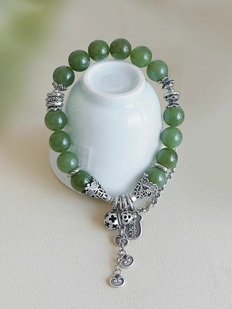 

Браслет из стерлингового серебра 925 пробы с зеленым нефритом Hetian — богатство и удача, оригинальный винтажный этнический стиль с сертификацией