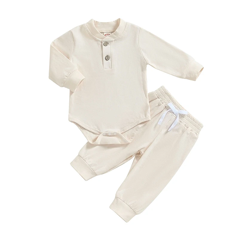 

BeQeuewll Baby Boy 2 Piece Outfit Solid Color Button Long Sleeve Rompers and Elastic Pants Fall Clothes For 0-24 Months