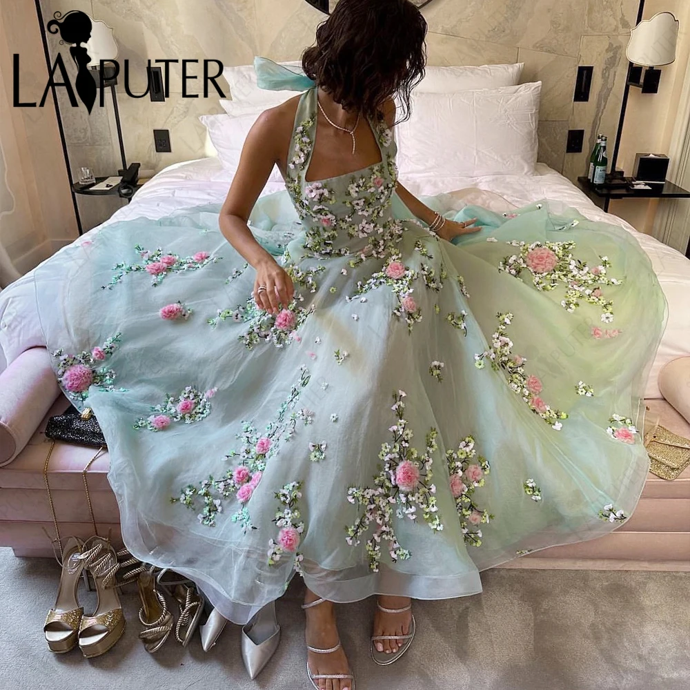 Flower Tea Length Evening Dresses Light Blue A line Tulle Off Shoulder Prom Dress Box Pleat Halter Ribbon Neck Prom Gown 3D