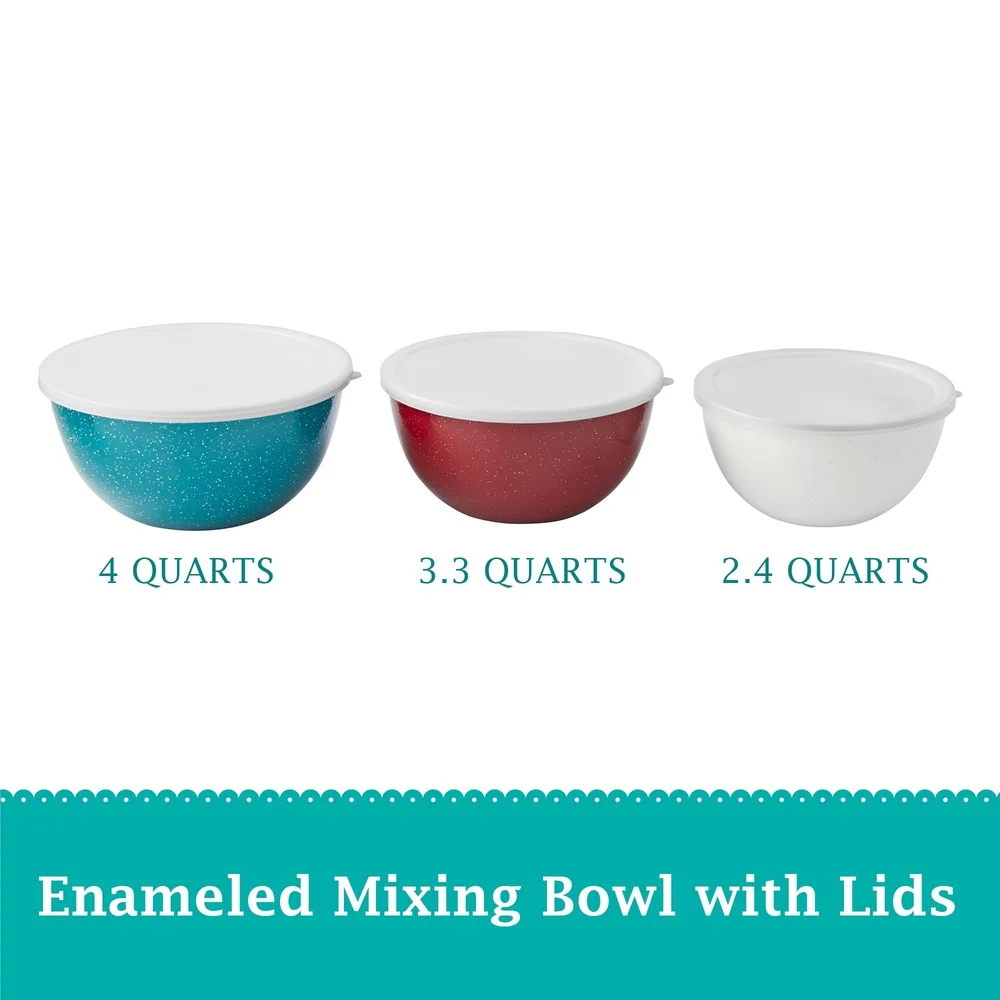 Set Mangkuk Pencampur Baja Enamel 6 Buah dengan Tutup Penyimpanan Bersarang Persiapan Tahan Lama Melayani Perlengkapan Dapur