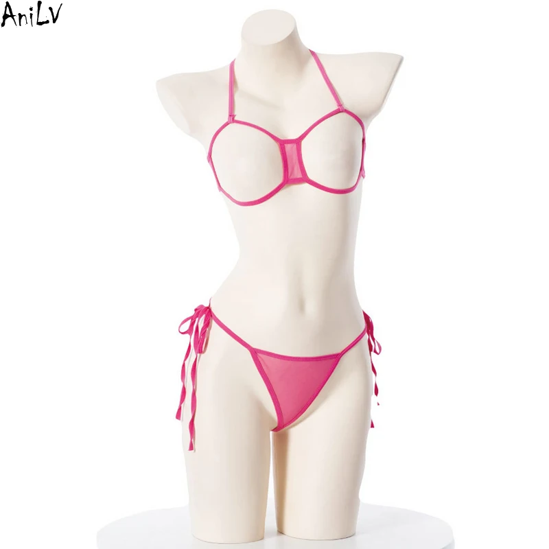 AniLV Pink Hollow Bikini Swimsuit Women  Three Point Underwear Set Swimwear Costume Cosplay