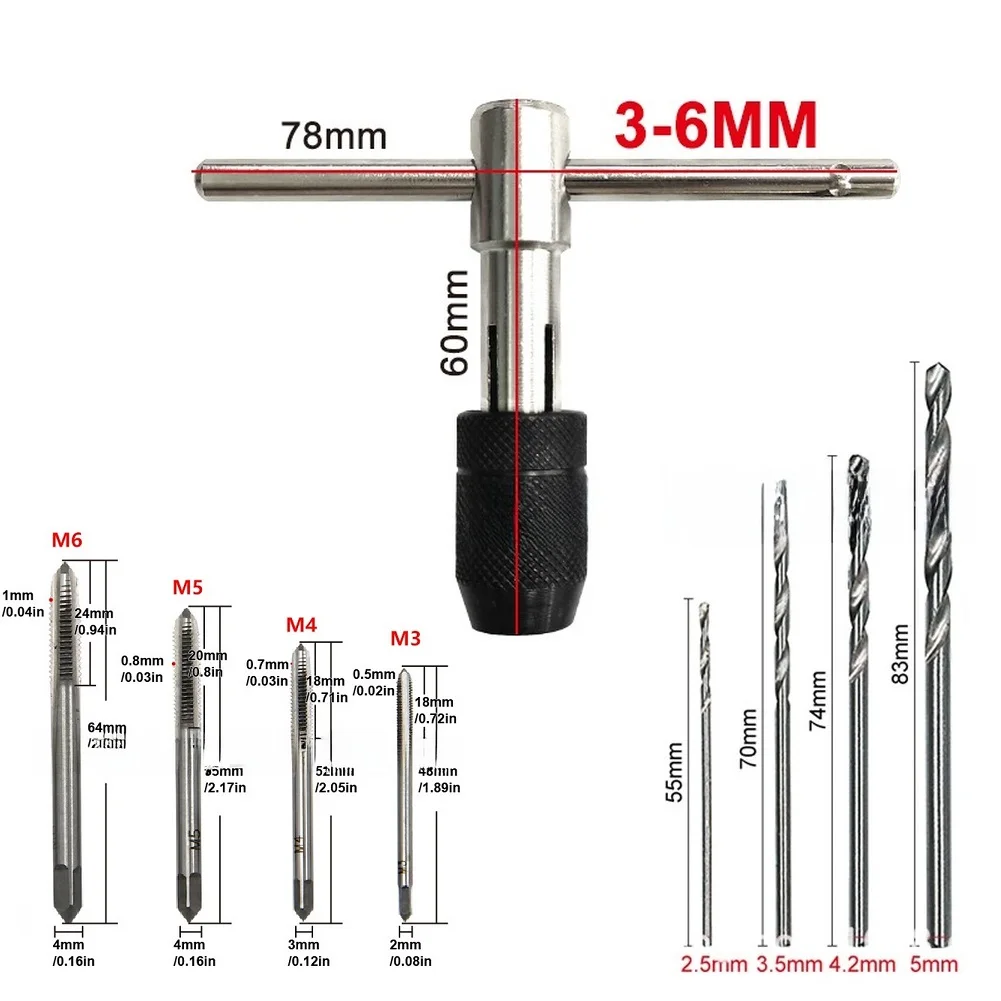 Adjustable T-Handle Tap Wrench 9pcs Set M5 M6 with 4 Metric Screw Taps and 4 Drill Bits for Precision Threading Work