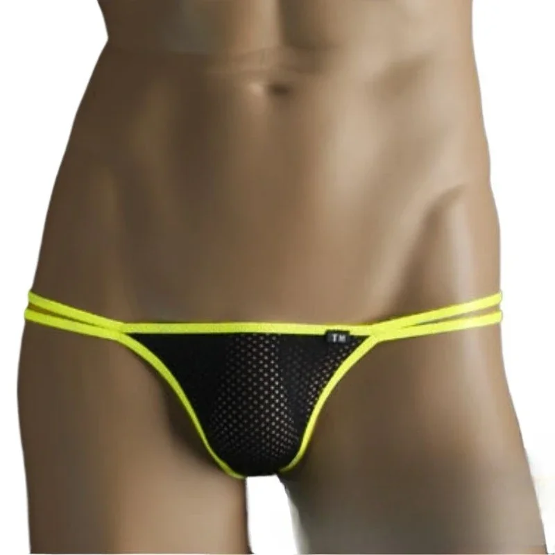 Men Color Block Single Strap Thong, Large Mesh Hole Breathable High Elastic Sexy Male T-back Panties