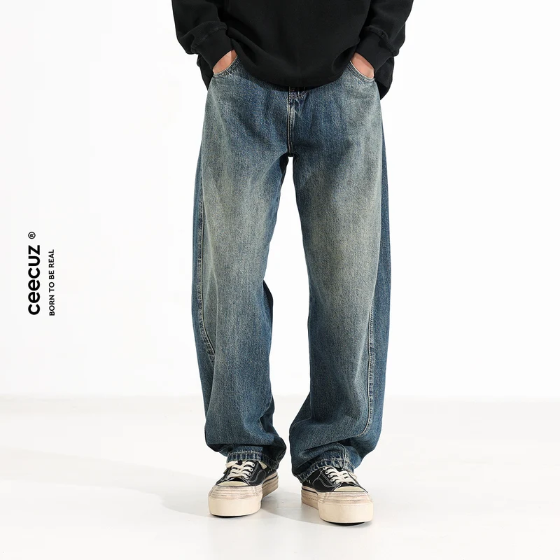 

Мужские джинсы Ceecuz Vintage Washed свободного кроя с дизайном «ножевая стежка», прямые, повседневные, удобные, синие, из денима