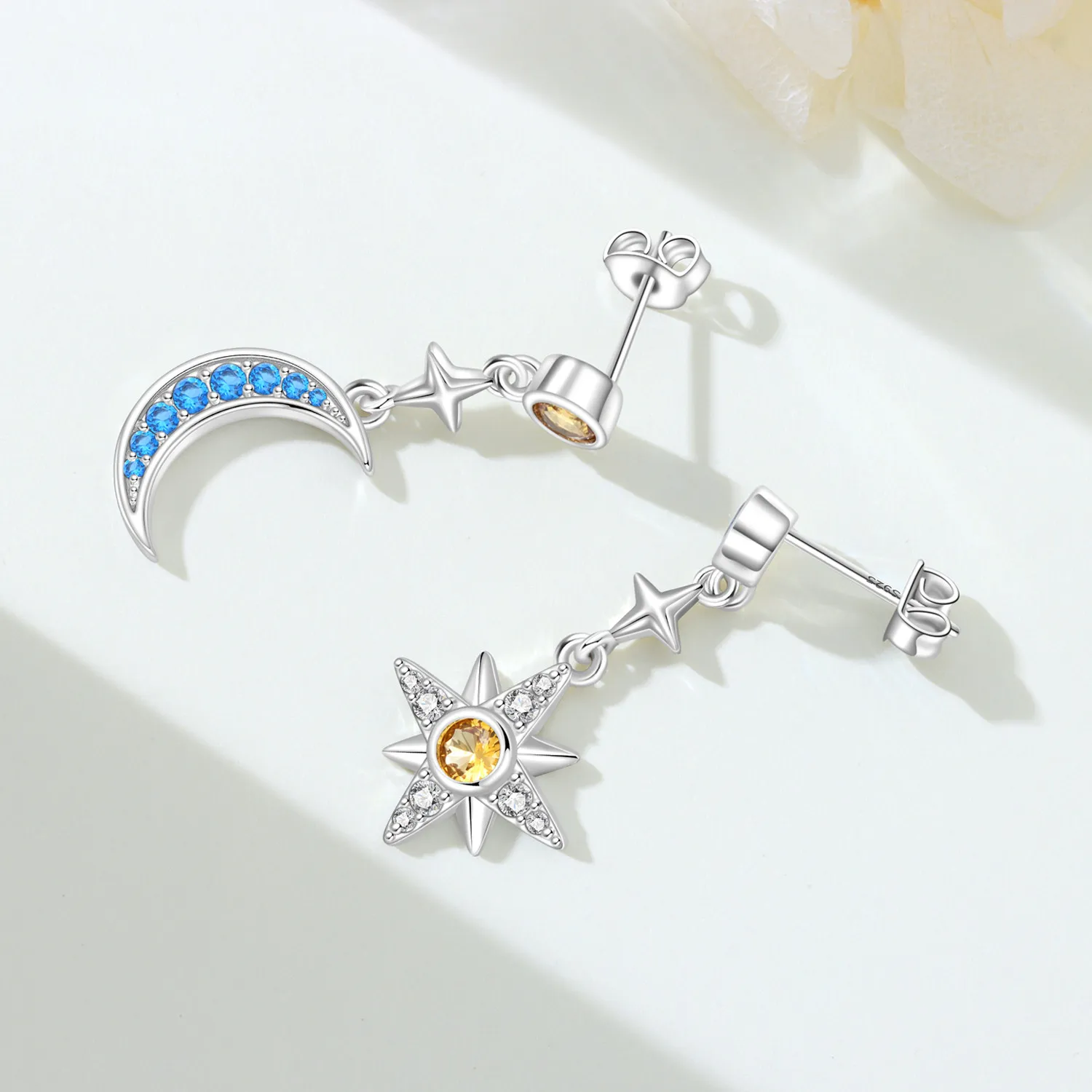 S925 Sterling Silver Sun Moon Star Tassel Earring Asymmetric Celestial Drop Earring with Colorful Zircon for Women Birthday Gift
