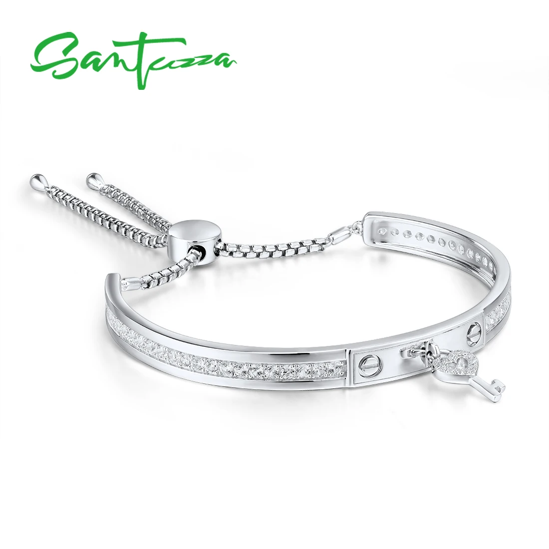 SANTUZZA Silver Bracelet For Women Authentic 925 Sterling Silver White Cubic Zirconia Adjustable Key Bracelet Fine Jewelry