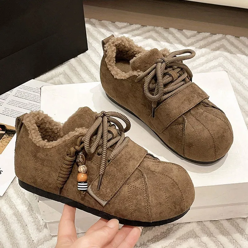 

Winter Shoes for Women Fashion Designer Cotton Shoes Suede Soft Sole Thermal Plus Velvet Big-headed Bread Shoes Zapatos De Mujer