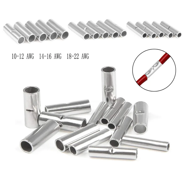 200Pcs Non-Insulated Butt Wire Connector Ferrules Electrical Cable Terminal Copper Bare Tinned Crimp Terminal 12-10Awg 16-14Awg