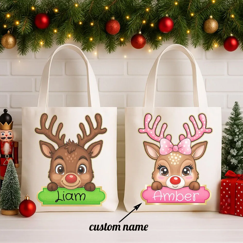 

Personalized Christmas Reindeer Tote Bag Custom Name Cute Red Nosed Reindeer Pattern Canvas Bag Holiday Gift Bag for Kids