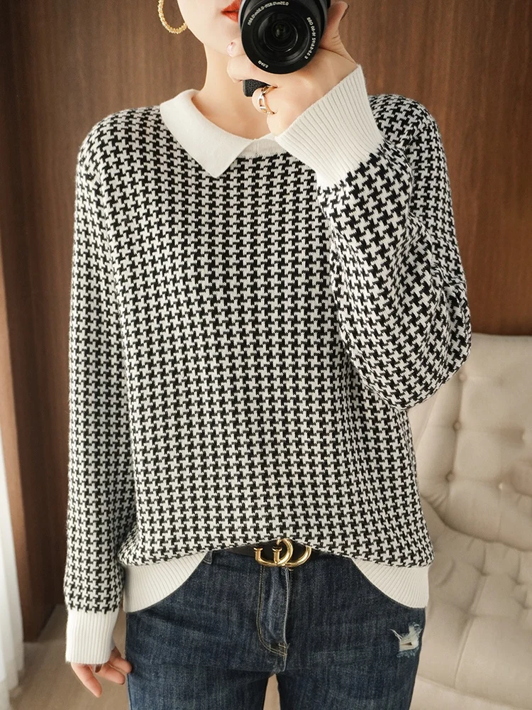 Early Autumn Women 100% Cotton Houndstooth Pattern Knit Sweater O-Neck Pullover Bottoming Sweater Comfortable Breathable Clothes