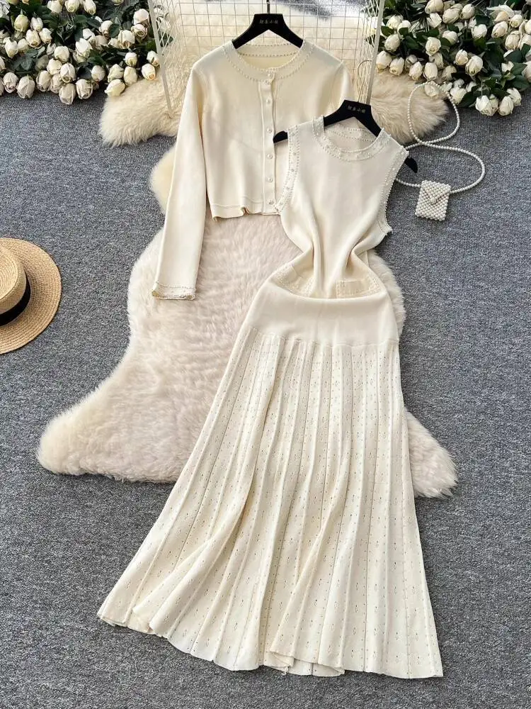 Women Vintage Knitted Two Piece Sets Autumn Winter Nail Bead Round Neck Sleeveless Dress Long Sleeved Cardigan Jacket Outfits image 2