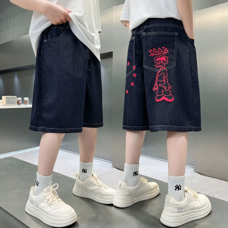

Boy Denim Shorts Tween Boys Casual Knee-Length Jeans Teenage Child Blue Denim With Hole Design Toddler Short Trousers Ages 4-14Y