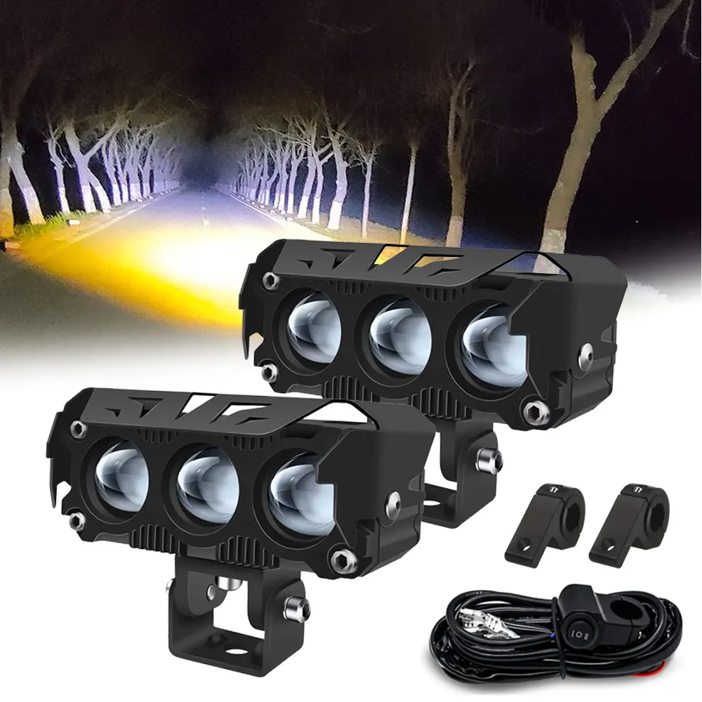 

Motorcycle Auxiliary Lens Spotlight LED Headlight Driving Dual Color Hi/Low Beam Fog Lamps Turn Signal for Car Trucks SUV UTV