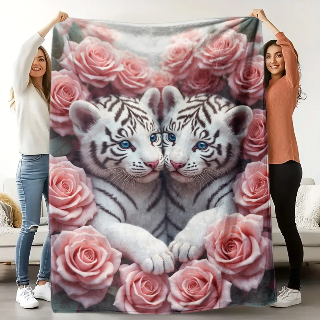 1pc Comfortable White Tiger and Rose Embrace Flannel Blanket, High-Definition Digital Print, All-Season Use, Cooling Blanket, Sk