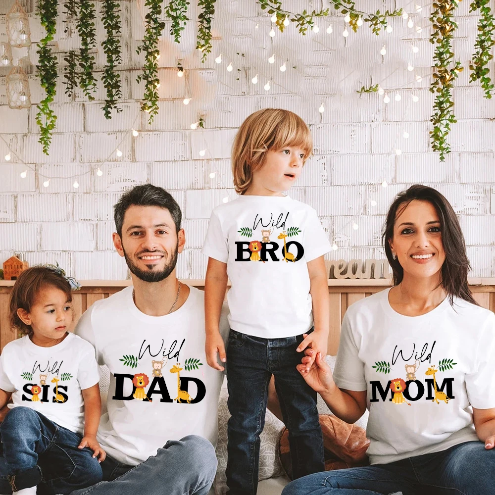 Wild One Family Matching Outfit Soft Cotton Mom Dad Baby Tee Jungle Animal Print Baby First Birthday Photography Matching Shirts