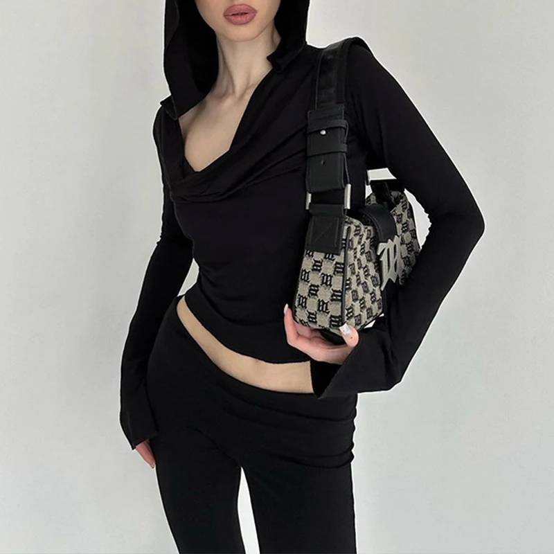 

OMSJ Hipster Women's Street Style Hooded Crop Top Hot Sexy Slim Fit Solid Folds Elegant Temperament Long Sleeve Elastic T-shirts