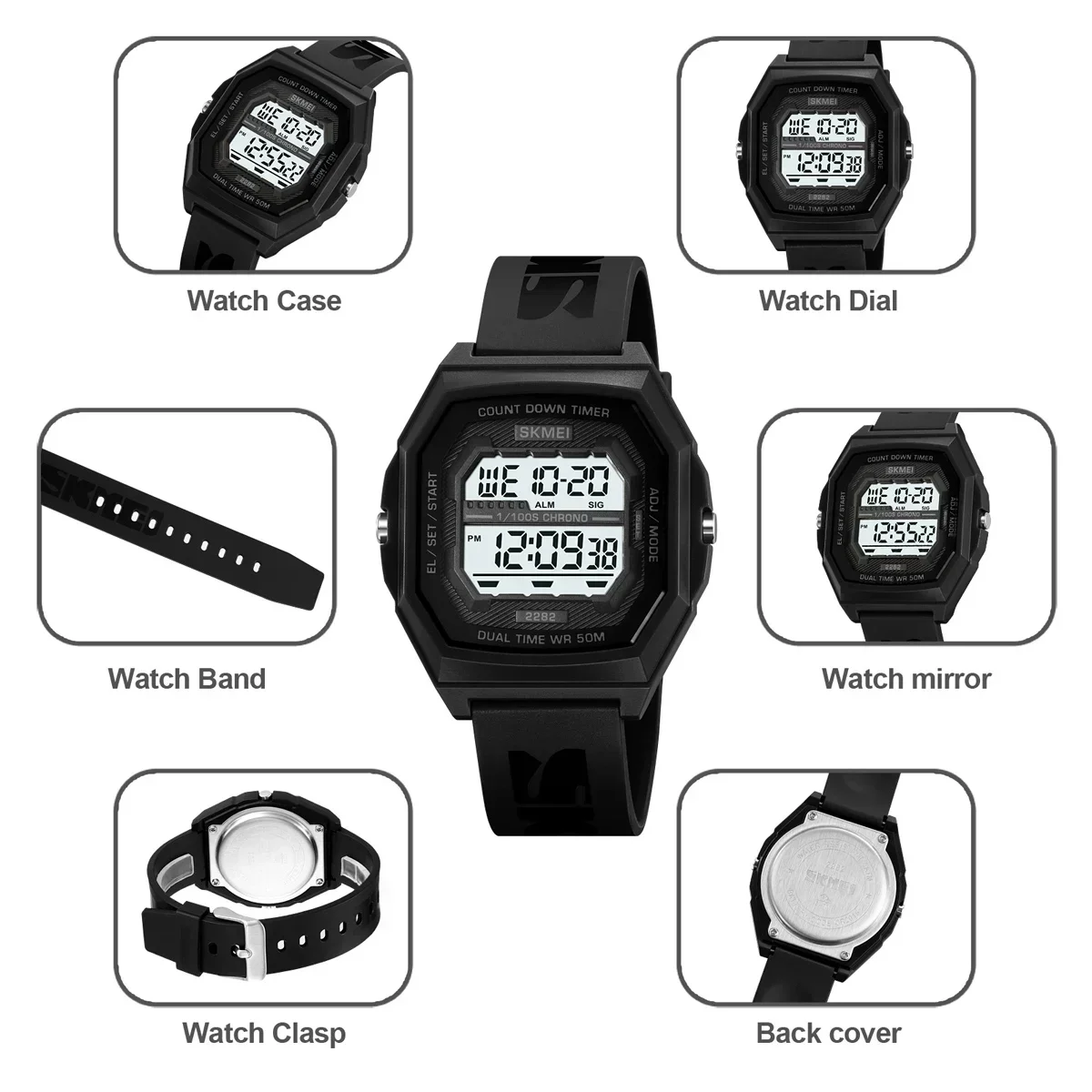 SKMEI 2282 Watches For Men Women 5Bar Waterproof Stopwatch Countdown Wristwatches Reloj Hombre Fashion Digital Sport Electronic