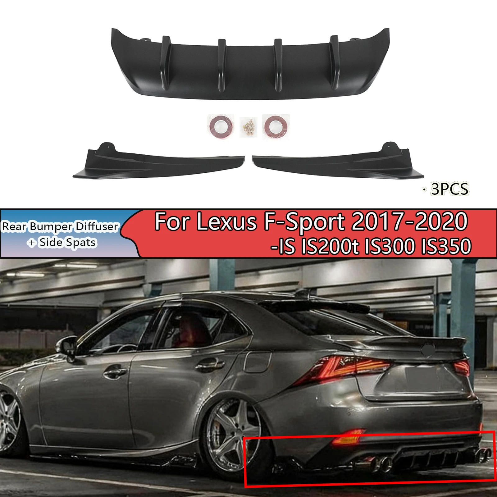 For Lexus IS IS200t IS300 IS350 F-Sport 2017-2020 A Set Of Rear Bumper Diffuser And Side Spats Carbon Fiber Painted Plastic