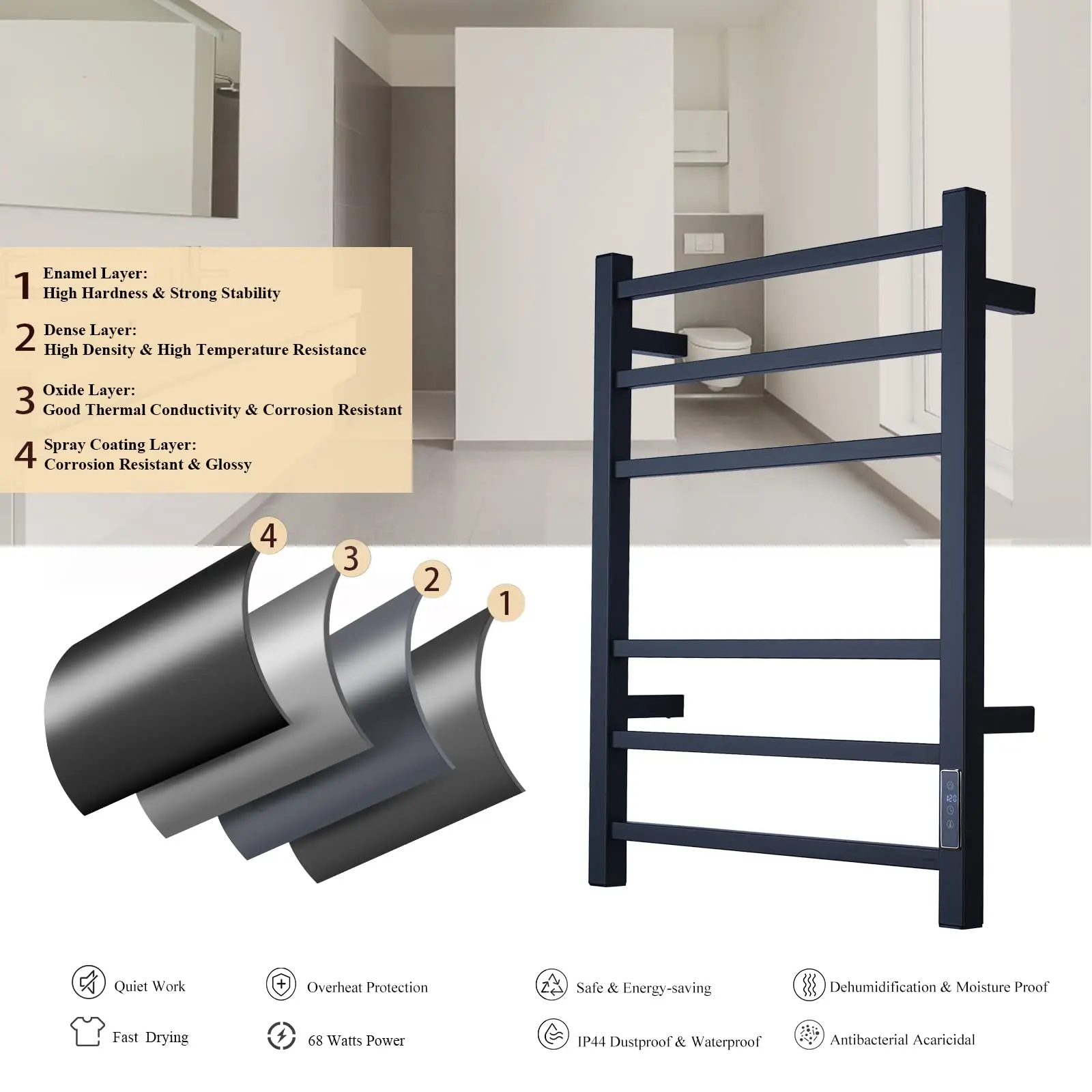 سخان مناشف الحمام وكرسي الحمام - مجفف مناشف كهربائي مثبت على الحائط بـ 8 أشرطة مع مؤقت وتحكم ذكي في درجة الحرارة #6