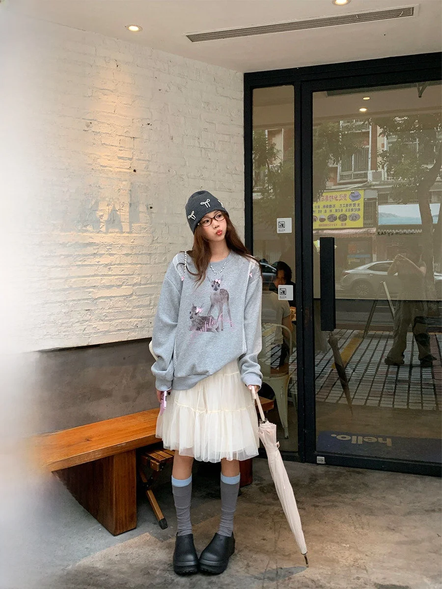 

Retirl Deer Print Lace Patchwork Hoodie Women's Early Autumn Top COK Commute Sle Long Sve Loose Fit Regular Length
