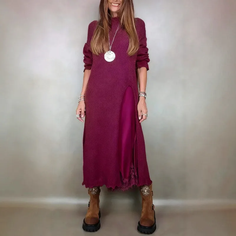 Długa sukienka maxi z patchworkiem i swetrem, damska jesienna sukienka codzienna z stójką na imprezę, eleganckie zestawy sukienek damskich 2025