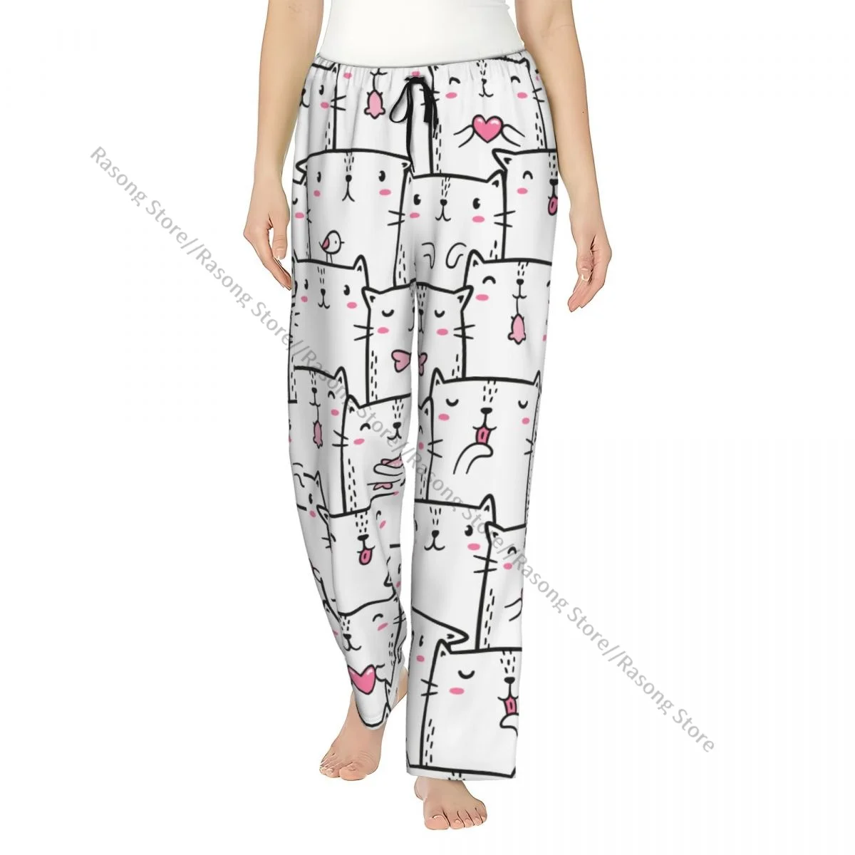 

Cute Cats Doodles Pattern Flannel Pajama Pants for Women Soft Warm Sleep Pants with Elastic Waistband