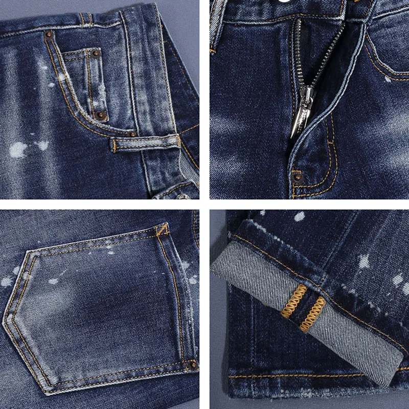 y2kStreet Fashion New Jeans, Wrinkle Painting, Washed Water, Nostalgic Elasticity, Slim Fit, Retro Blue Jeans, Designer Hip Ho