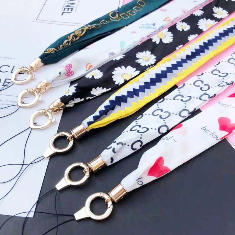 Ladies Scarf Colorful Printing Hanging Neck Strap Mobile Phone Lanyard With Keychain Metal Clip Anti-lost  Lanyard  Jewelry