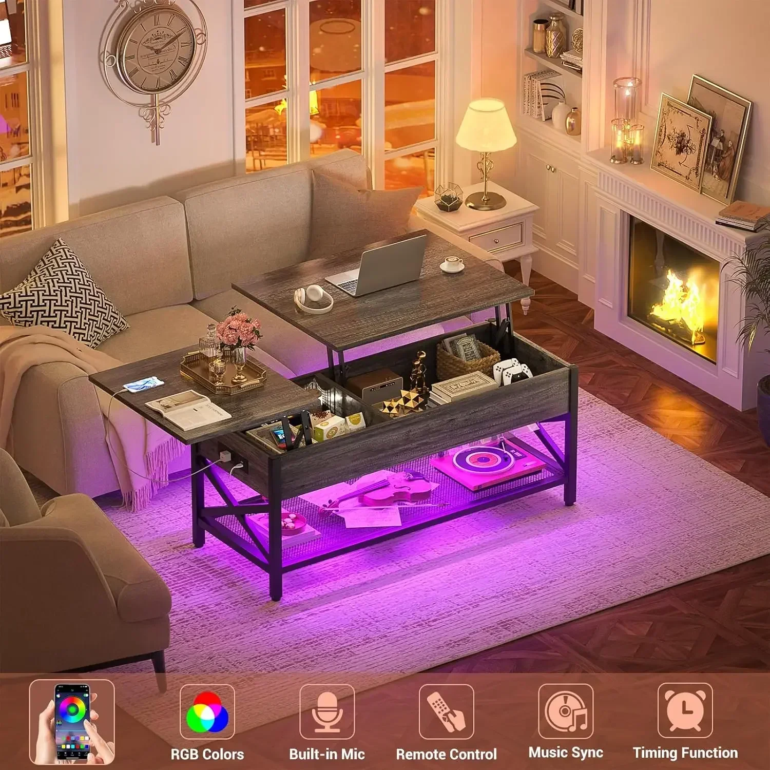 Coffee Table,Lift Top Coffee Table with Storage,LED Light&Power Outlet and Hidden Compartment,Retro Center Table for Living Room